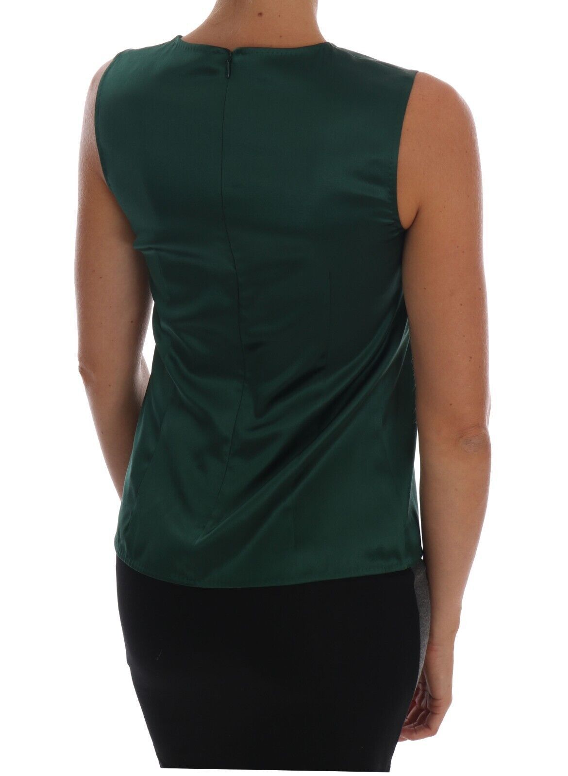 Dark Green Silk Sleeveless Round Neck Tank Top - ventzia