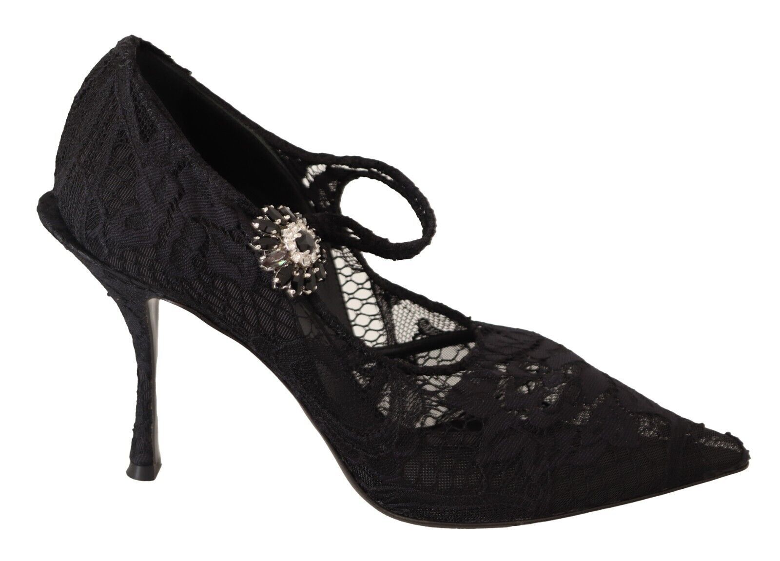 Black Lace Crystals Heels Mary Jane Pumps Shoes - ventzia