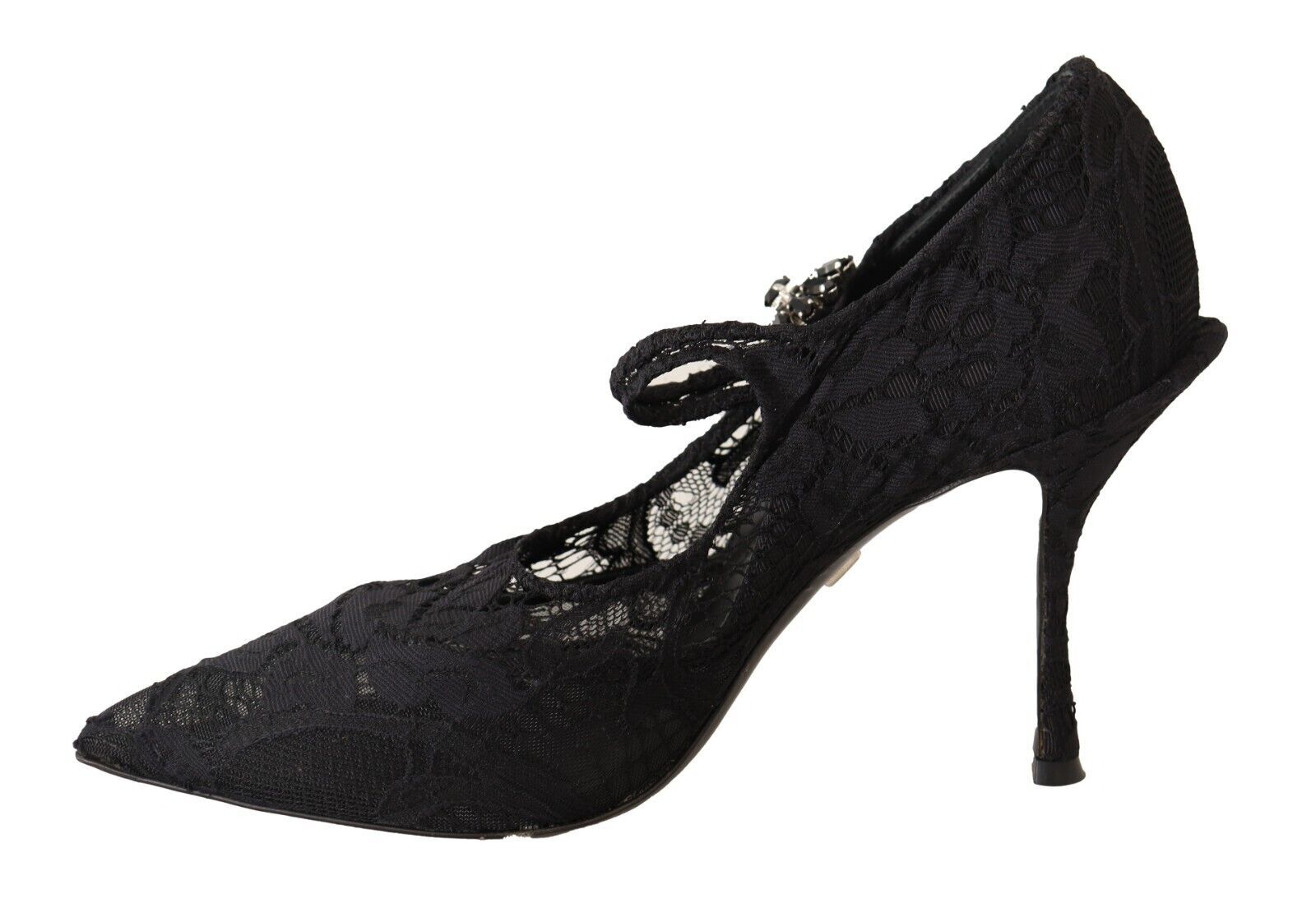 Black Lace Crystals Heels Mary Jane Pumps Shoes - ventzia