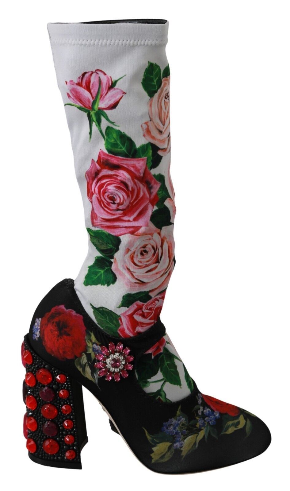 Black Floral Socks Crystal Jersey Boots Shoes - ventzia