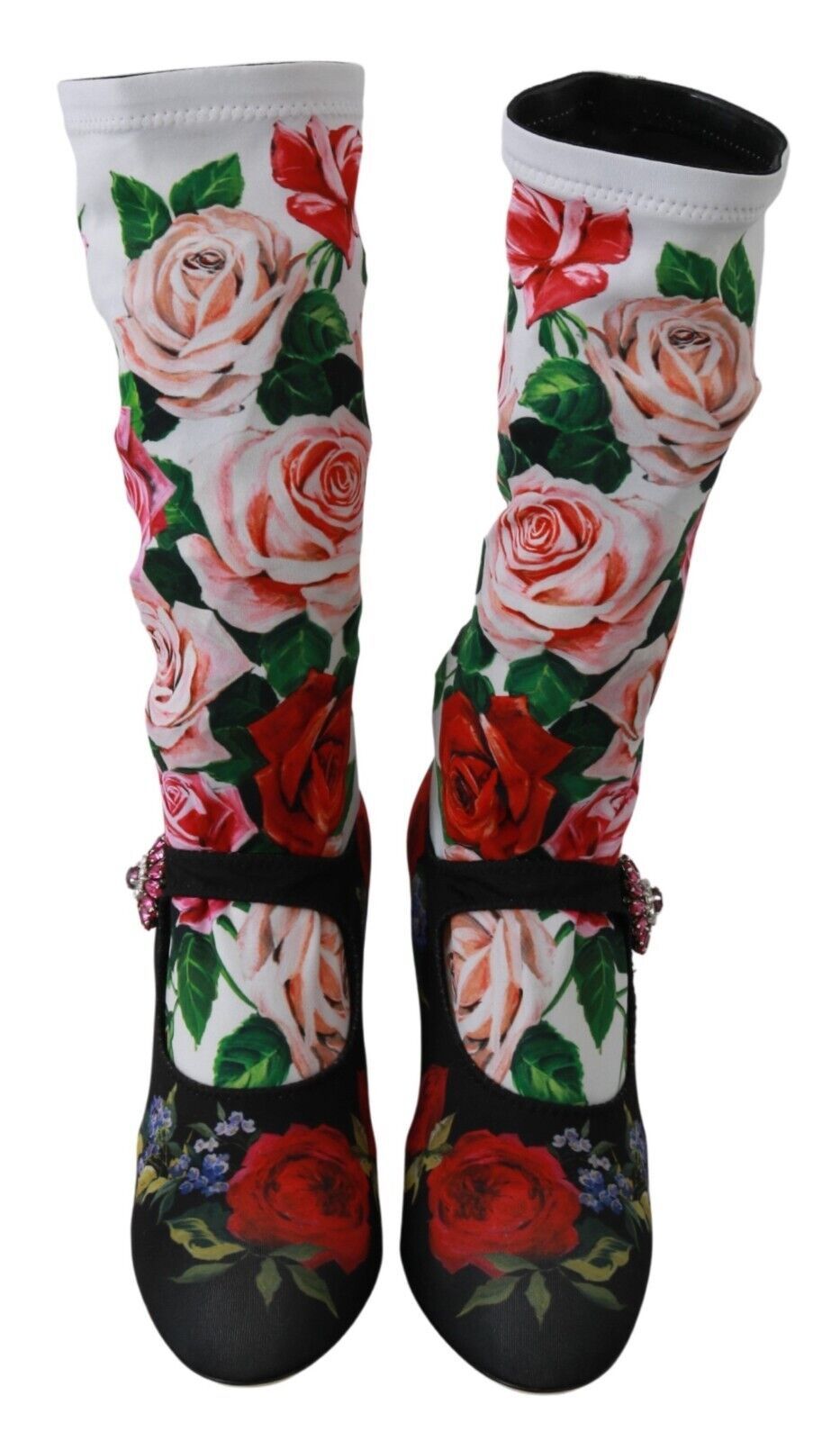 Black Floral Socks Crystal Jersey Boots Shoes - ventzia
