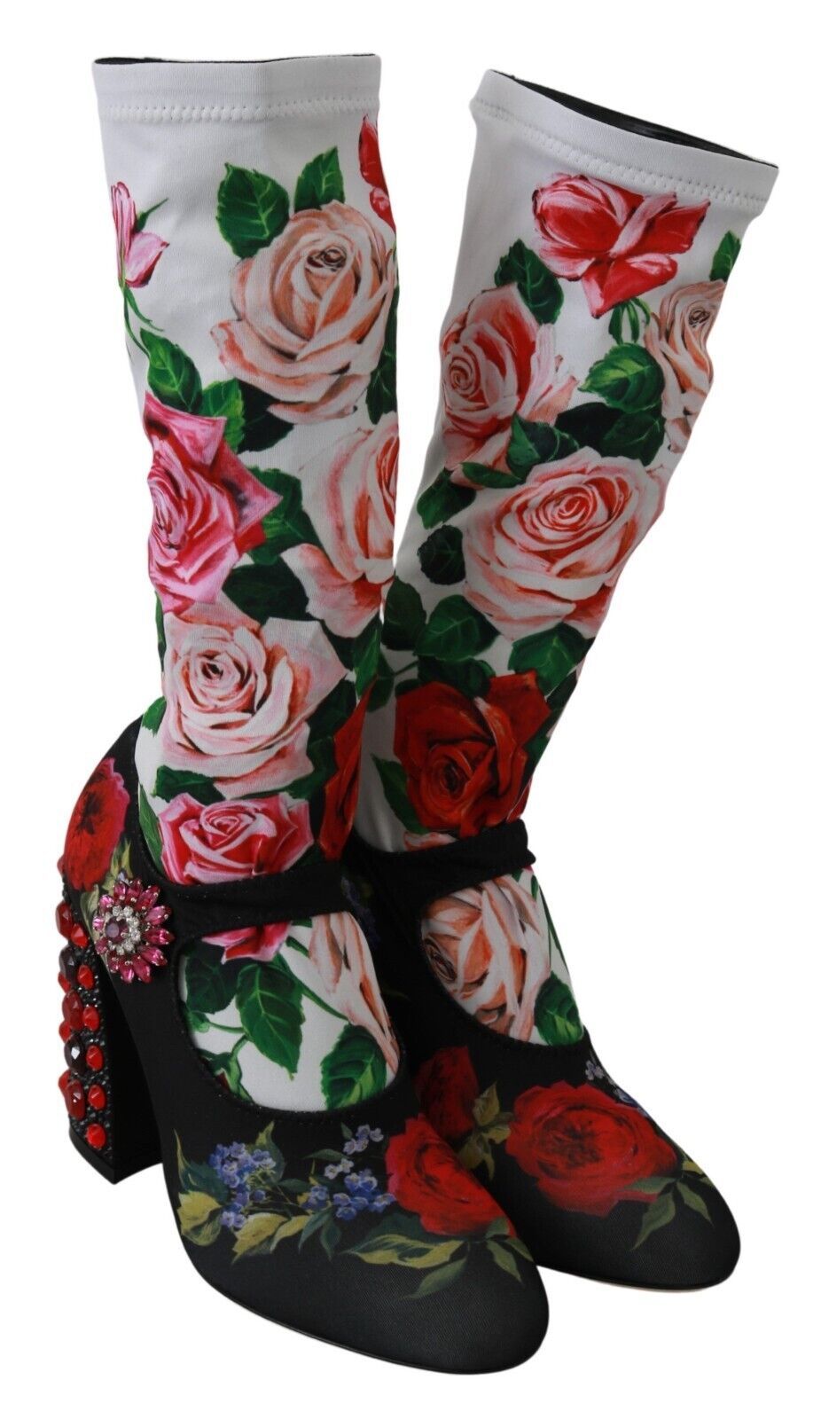 Black Floral Socks Crystal Jersey Boots Shoes - ventzia