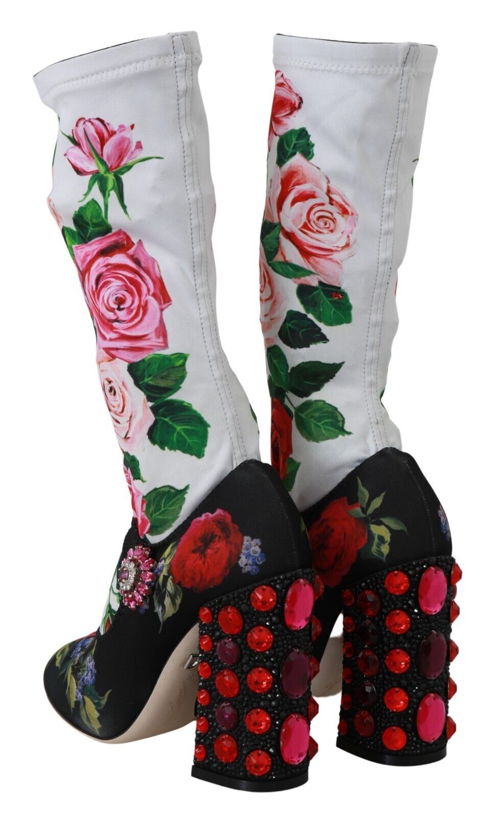Black Floral Socks Crystal Jersey Boots Shoes - ventzia