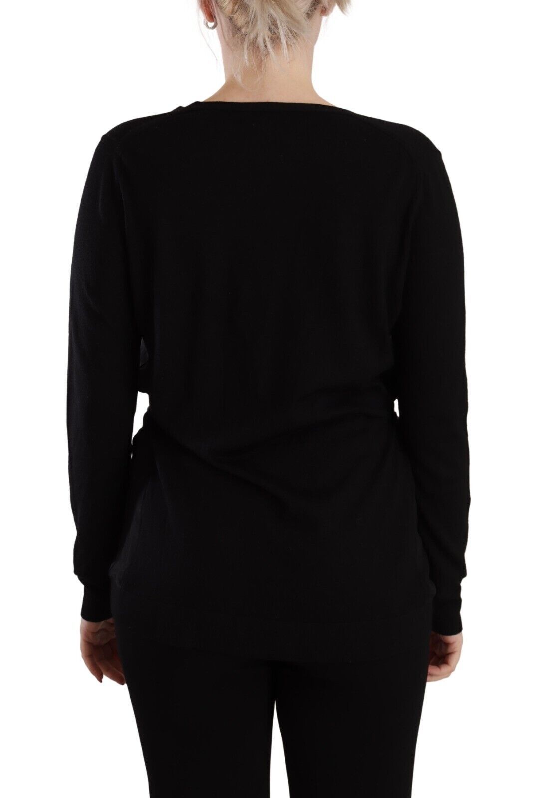Black Wool V-neck Long Sleeves Pullover Top - ventzia