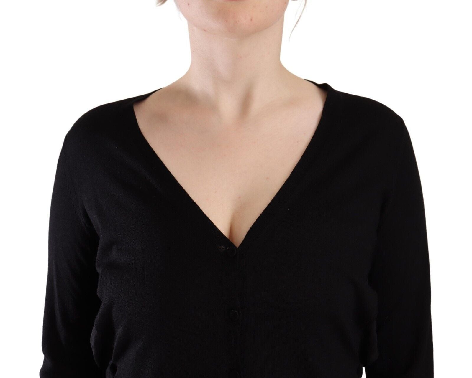 Black Wool V-neck Long Sleeves Pullover Top - ventzia