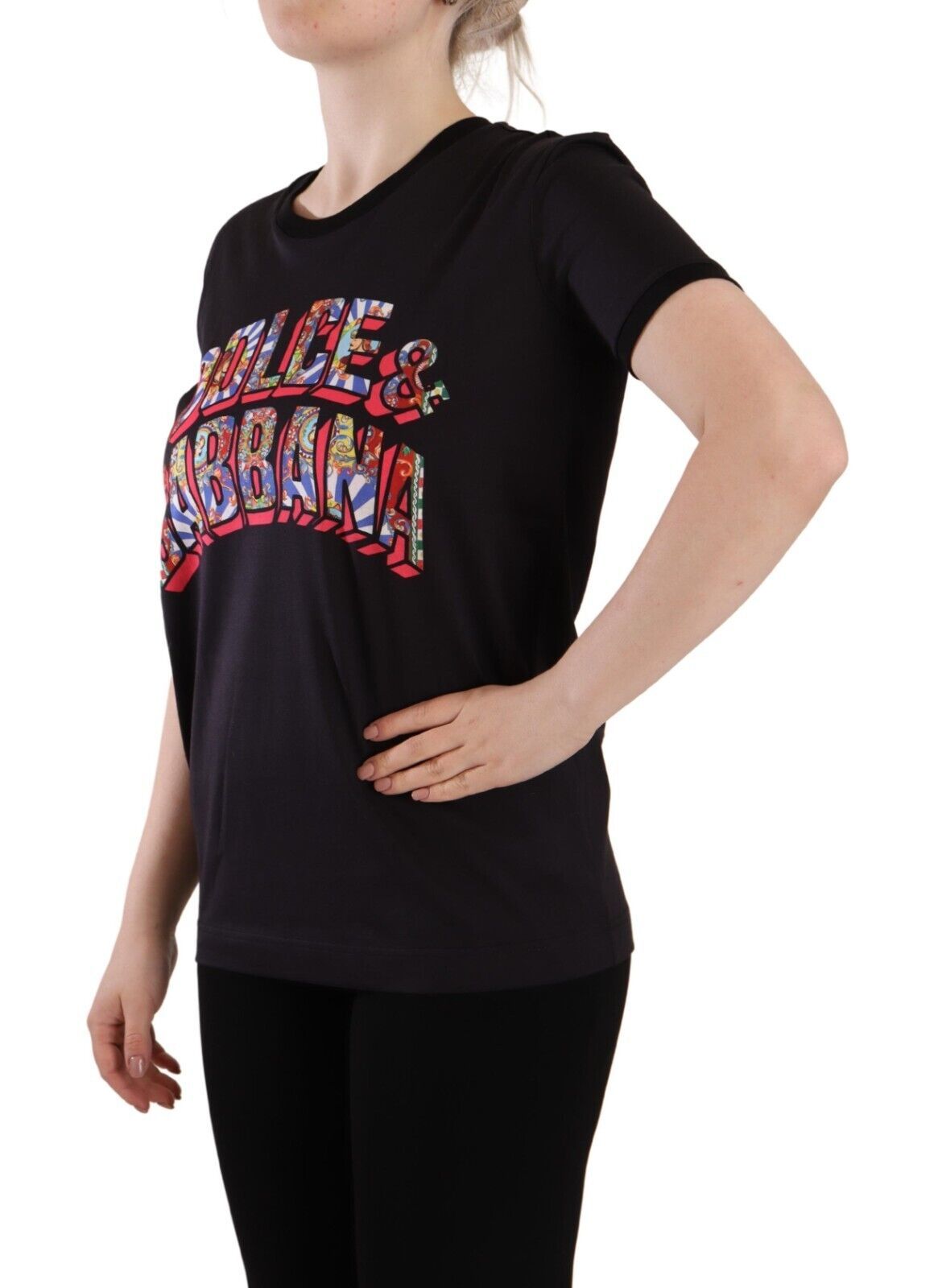 Black Logo Print Cotton Crew Neck Tee T-shirt - ventzia