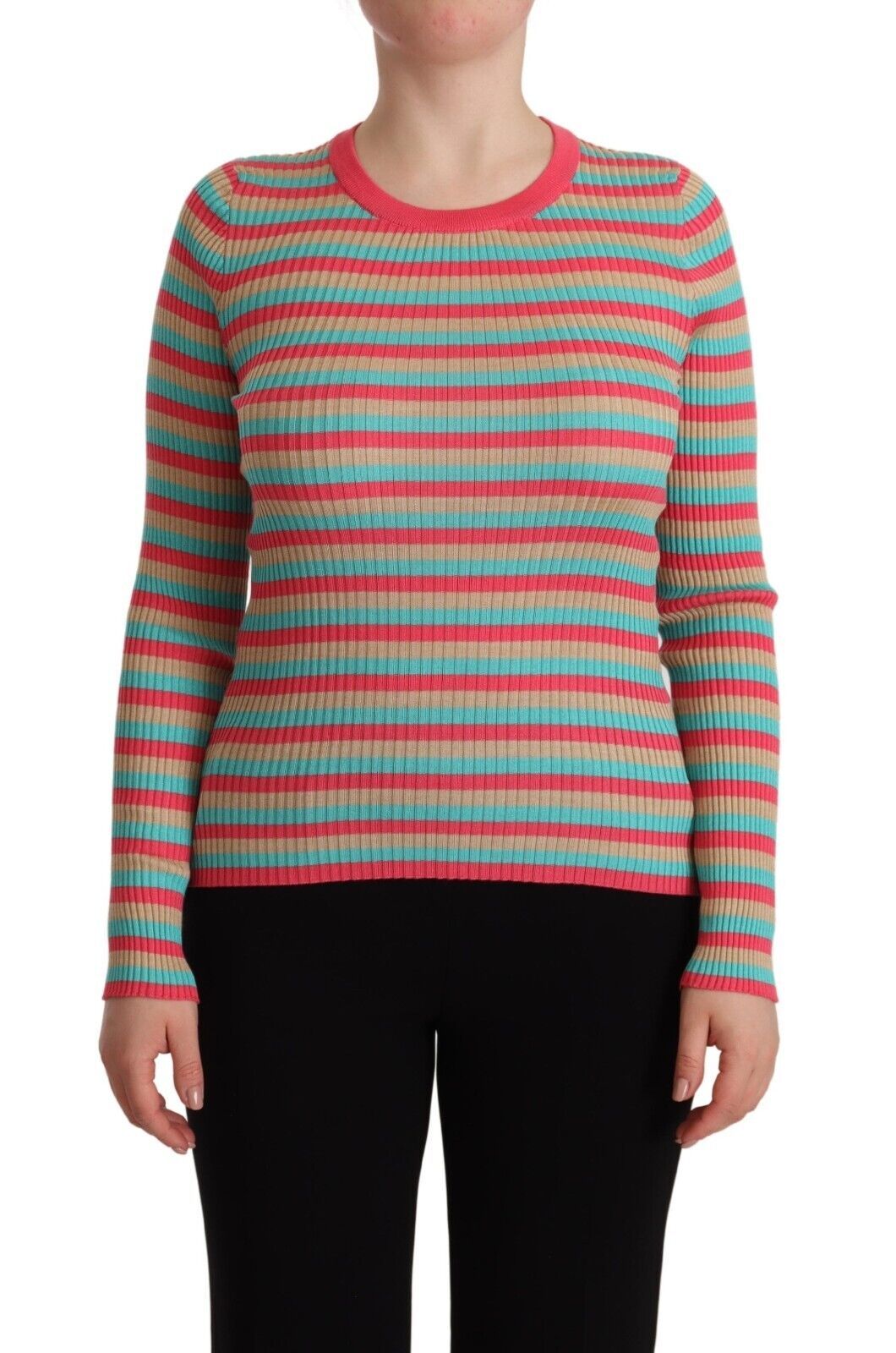 Multicolor Stripes Silk Crew Neck Pullover Top - ventzia