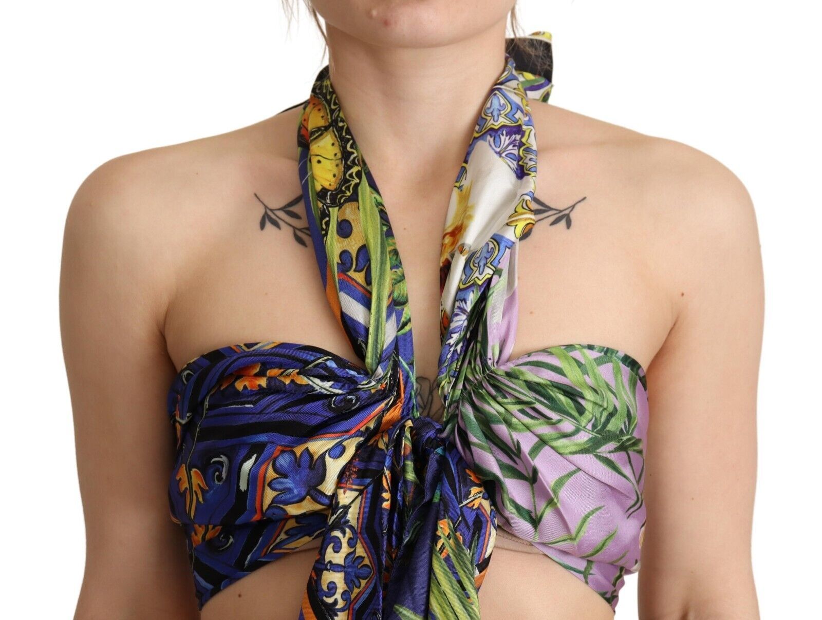 Multicolor Foulard Silk Halter Cropped Top - ventzia