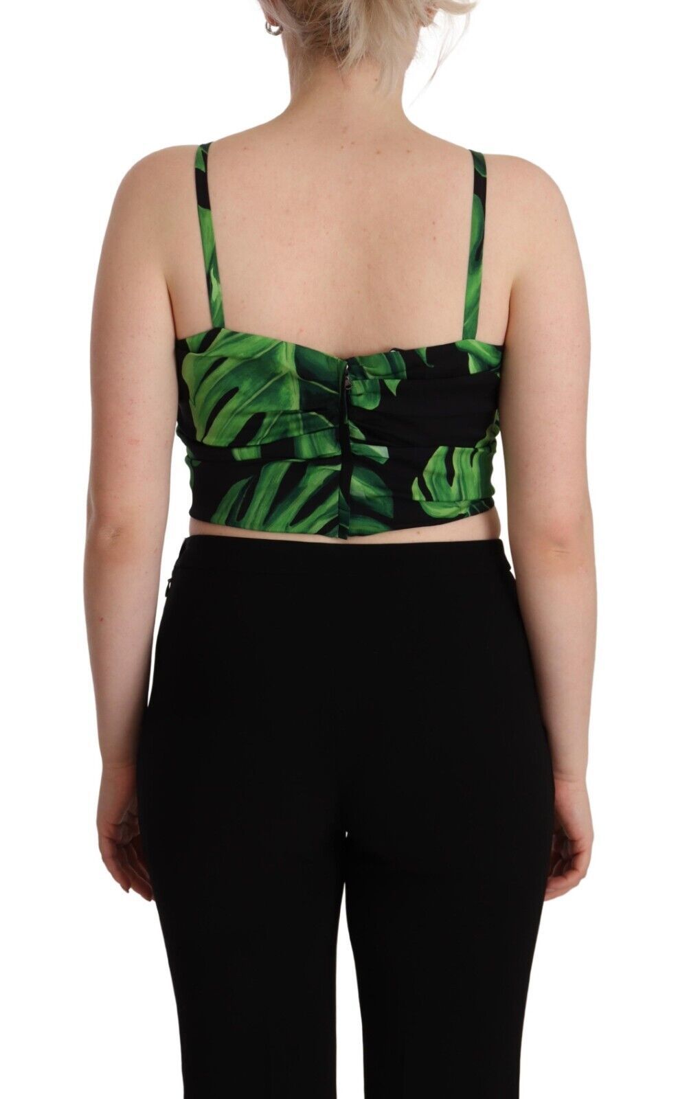 Black Green Leaf Silk Halter Cropped Top - ventzia