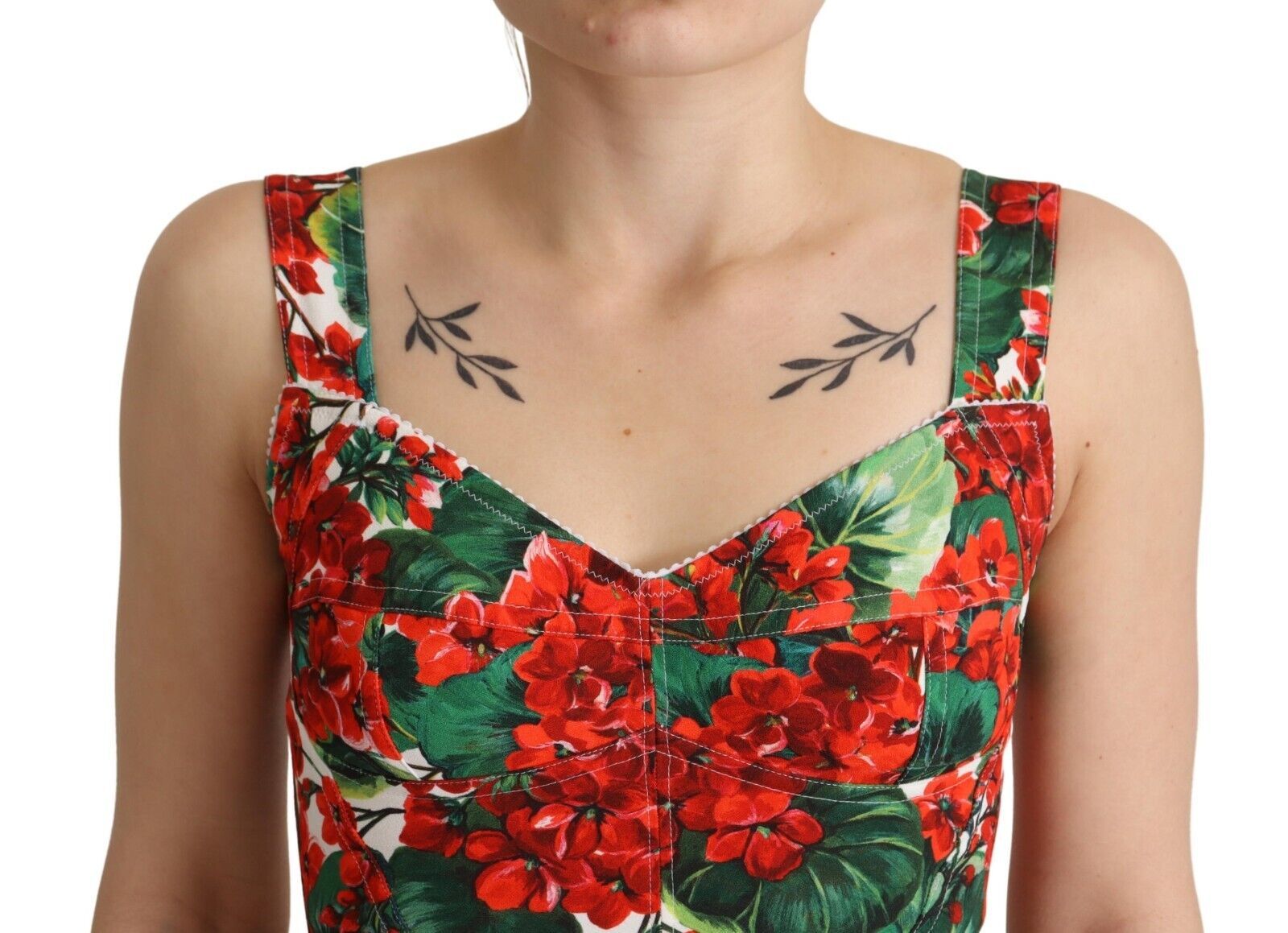 Red Geranium Print Viscose Sweetheart Cropped Top - ventzia