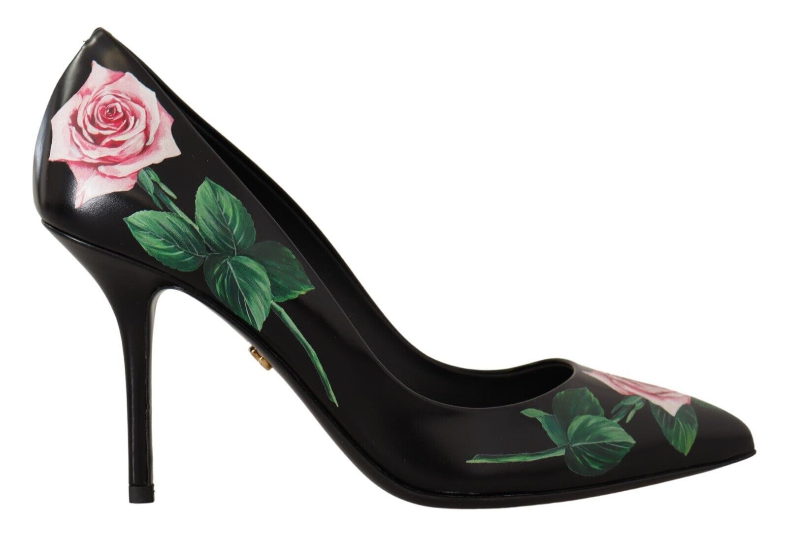 Black Leather Roses High Heels Pumps Shoes - ventzia