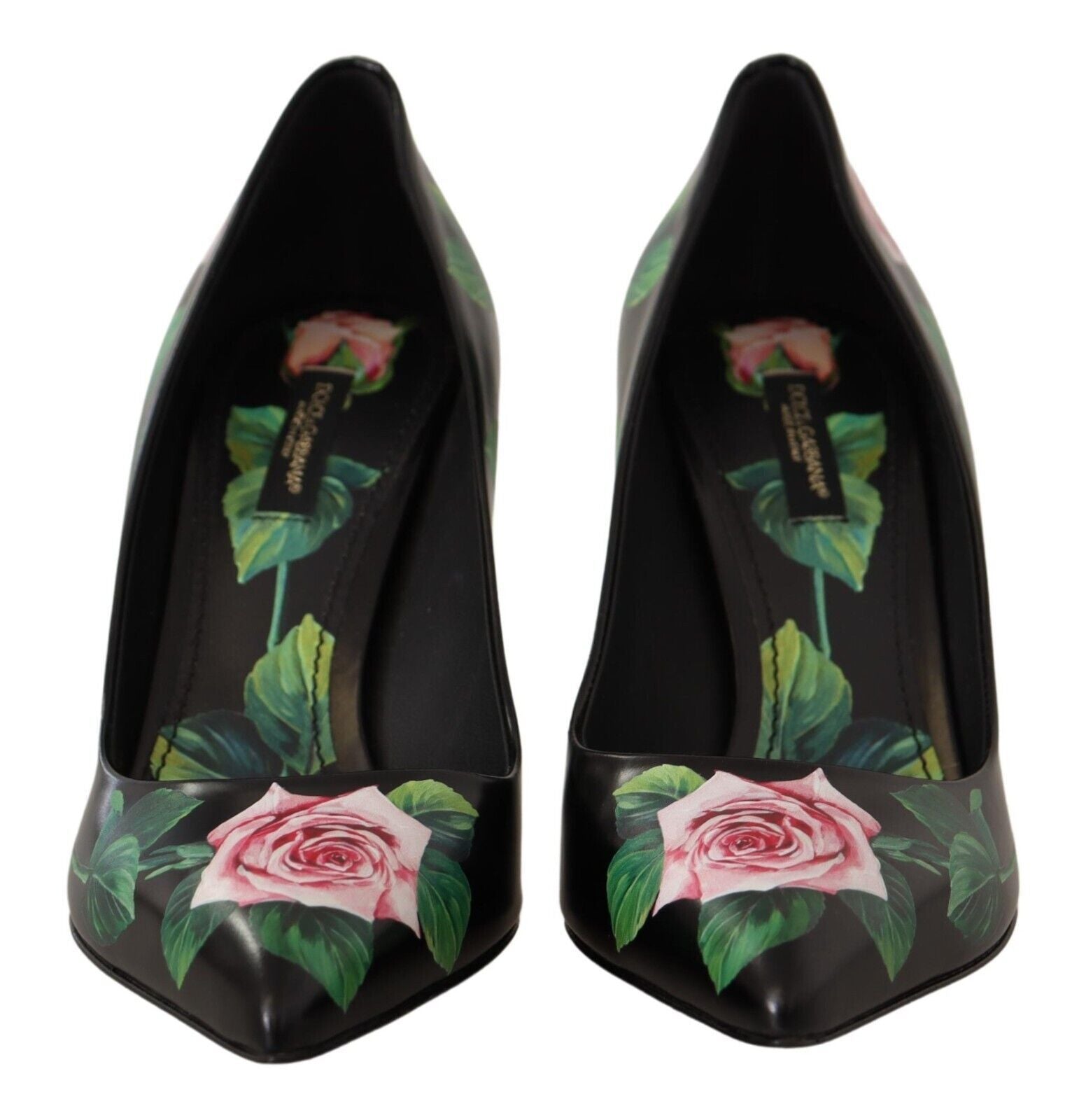 Black Leather Roses High Heels Pumps Shoes - ventzia