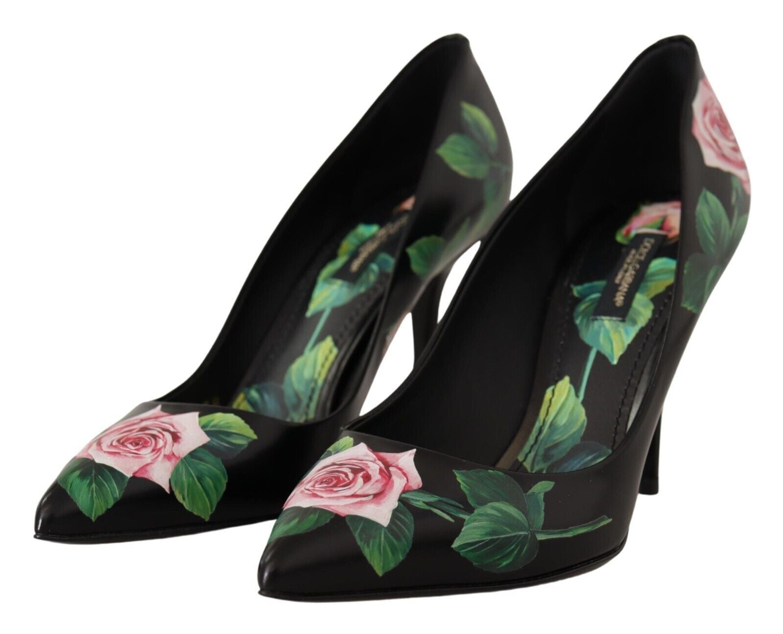 Black Leather Roses High Heels Pumps Shoes - ventzia
