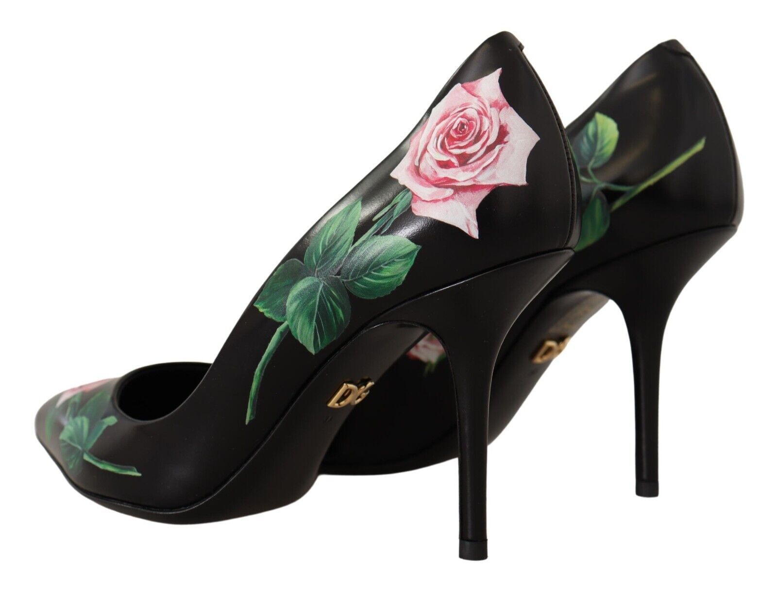 Black Leather Roses High Heels Pumps Shoes - ventzia