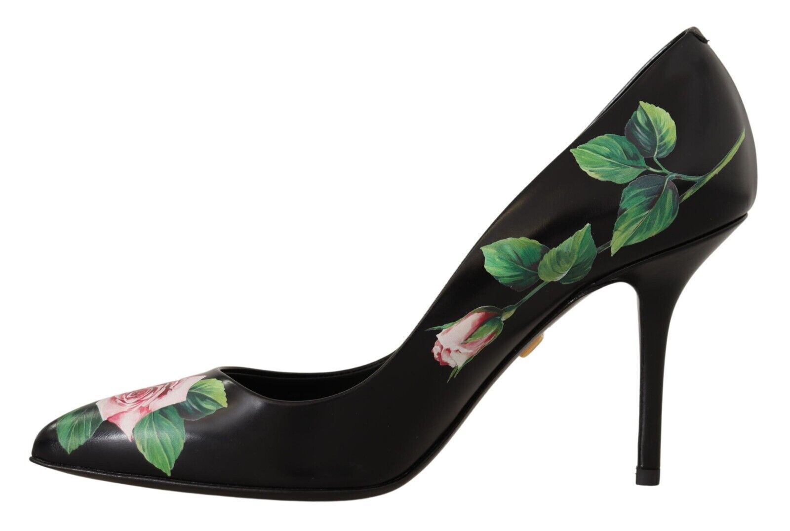 Black Leather Roses High Heels Pumps Shoes - ventzia