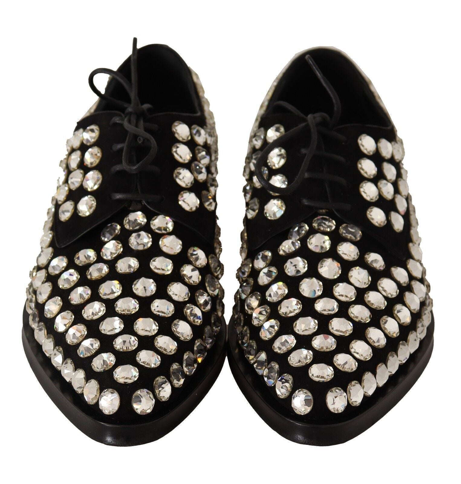 Black Leather Crystals Lace Up Formal Shoes - ventzia