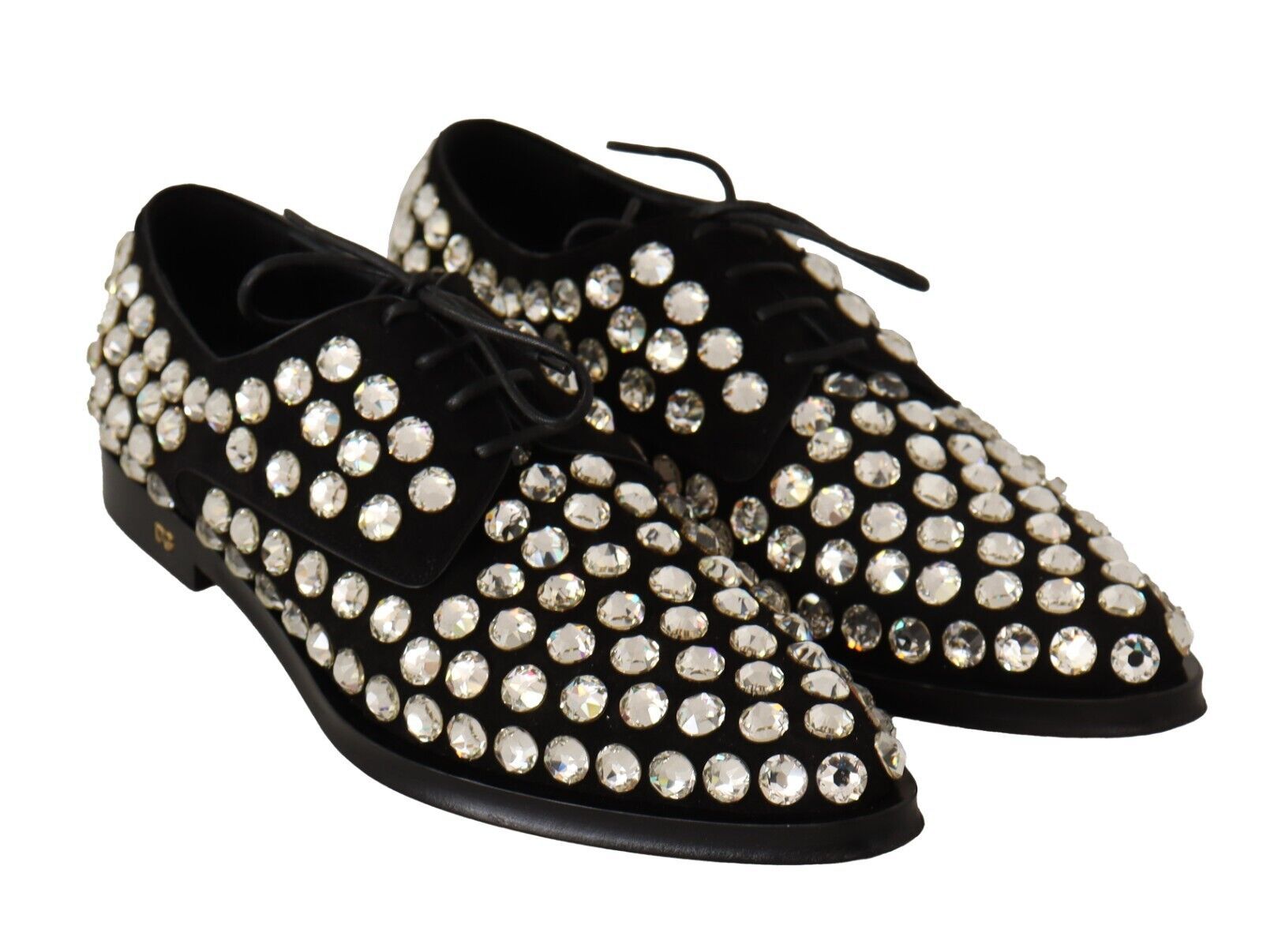 Black Leather Crystals Lace Up Formal Shoes - ventzia