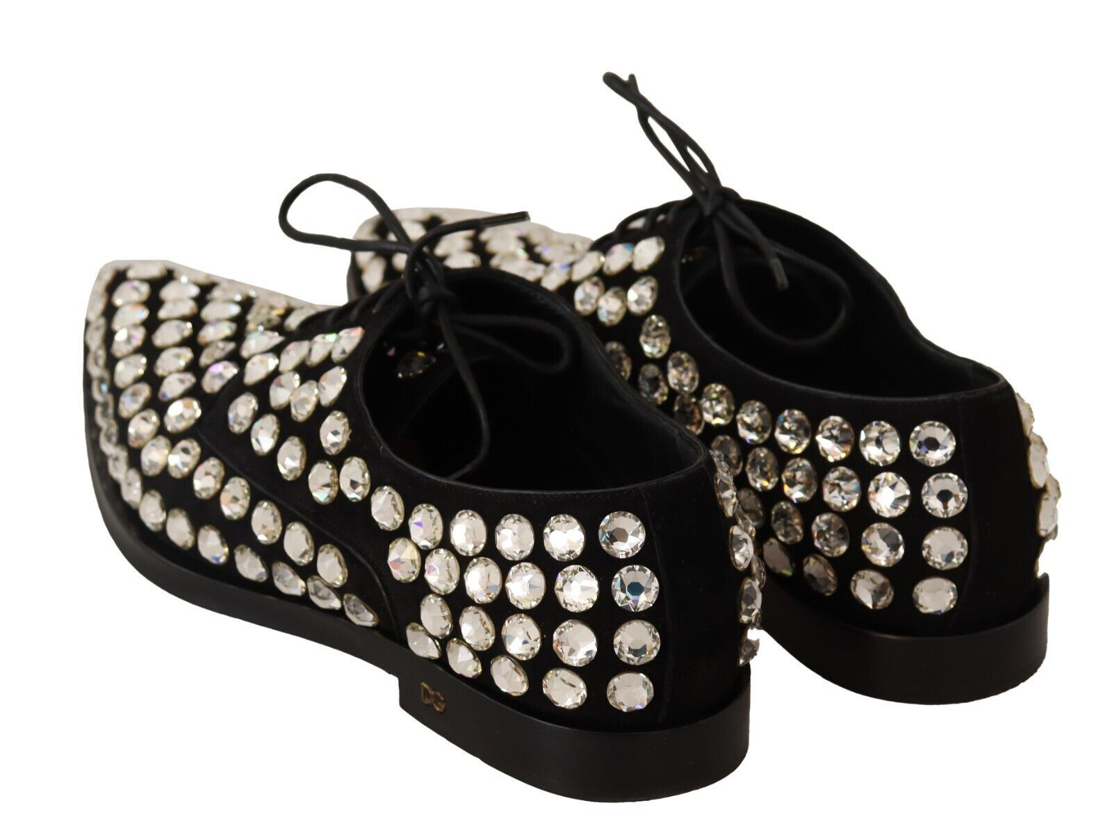 Black Leather Crystals Lace Up Formal Shoes - ventzia