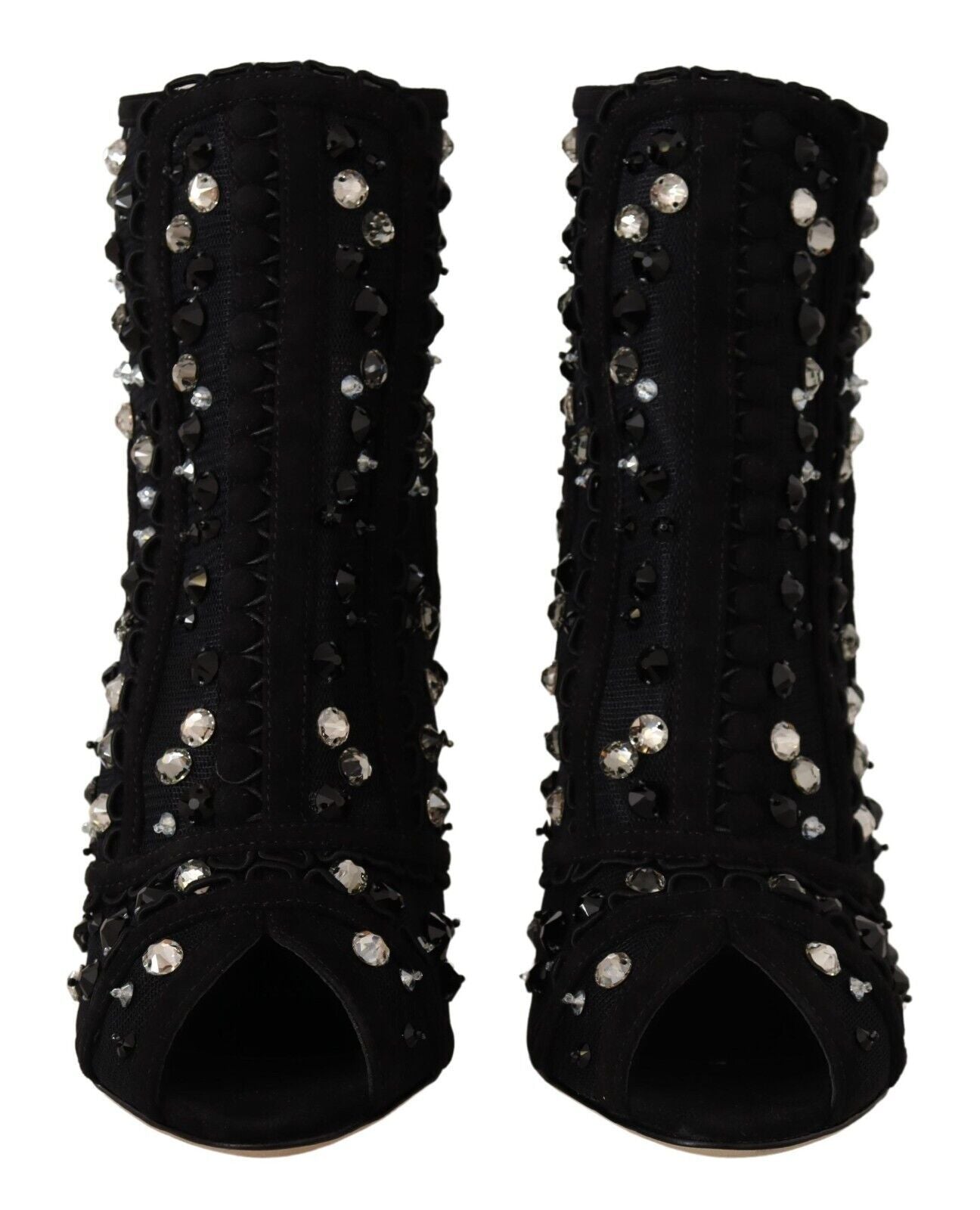 Black Crystals Heels Zipper Short Boots Shoes - ventzia