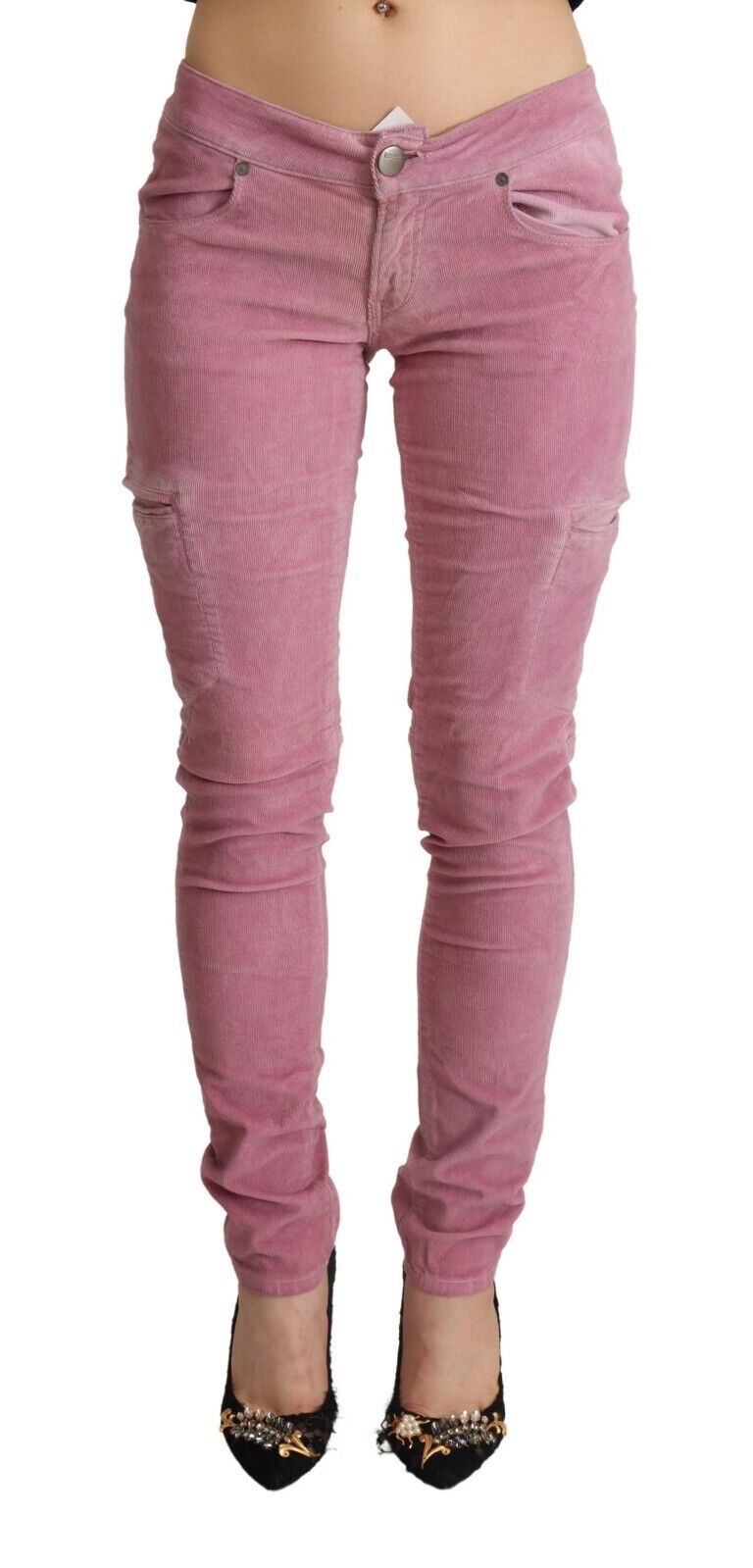 Pink Cotton Low Waist Skinny Denim Cargo Jeans - ventzia