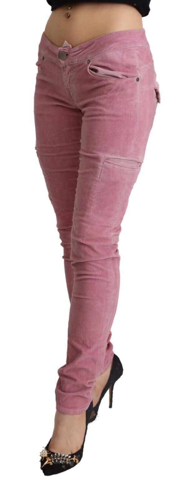 Pink Cotton Low Waist Skinny Denim Cargo Jeans - ventzia