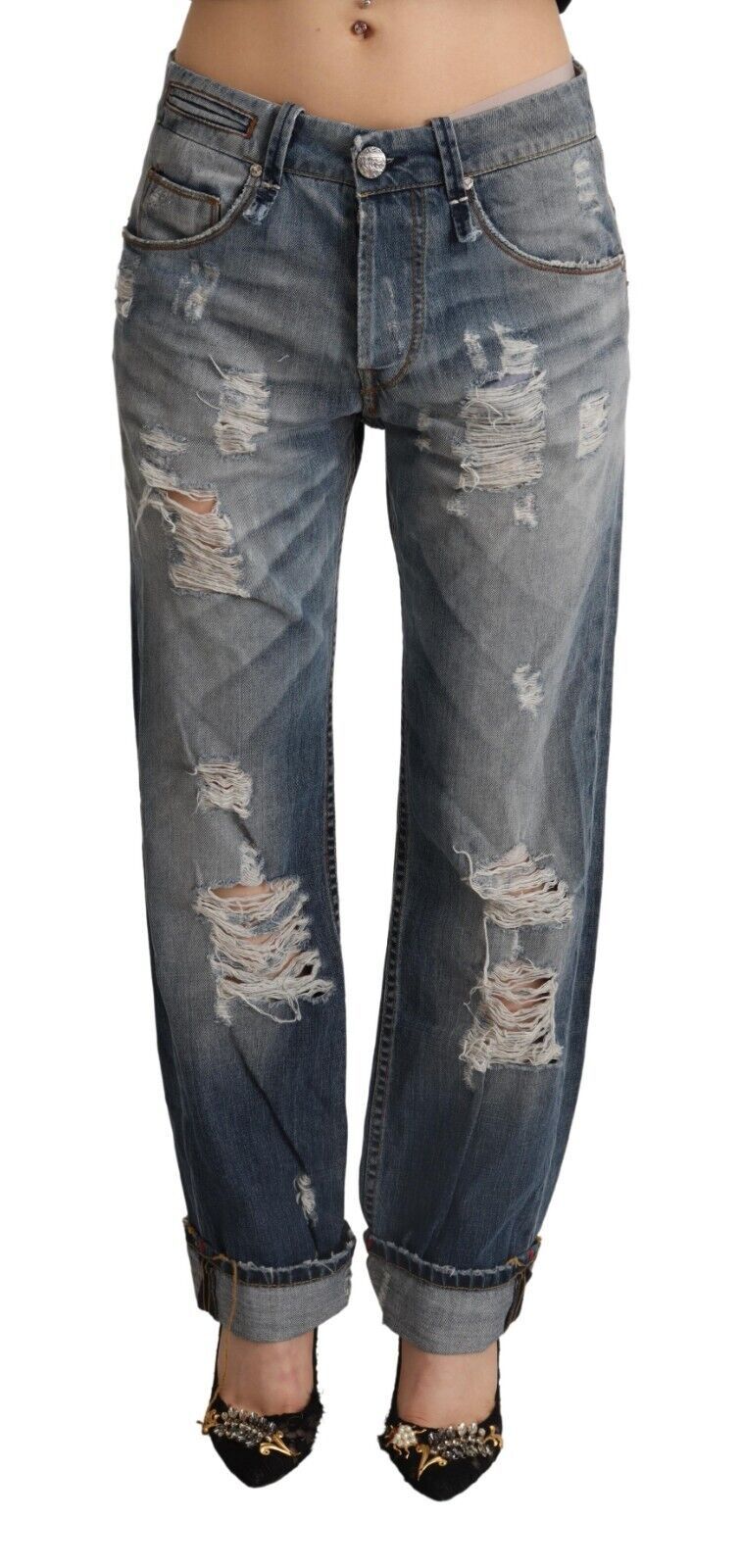 Blue Tattered Mid Waist Straight Denim Cotton Jeans - ventzia