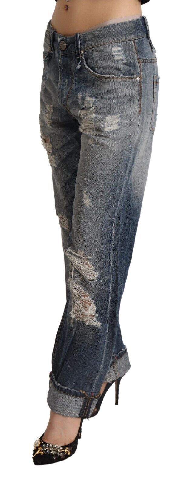 Blue Tattered Mid Waist Straight Denim Cotton Jeans - ventzia