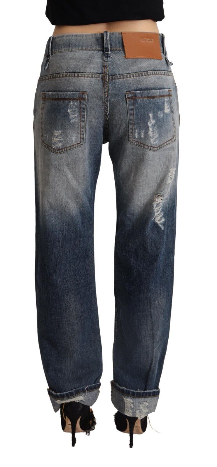 Blue Tattered Mid Waist Straight Denim Cotton Jeans - ventzia