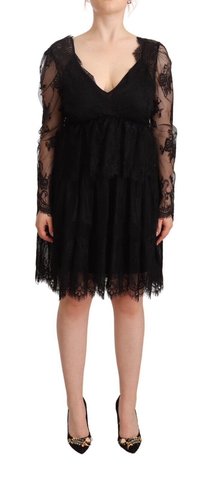 Black Floral Lace Cotton Long Sleeves V-neck Shift Dress - ventzia