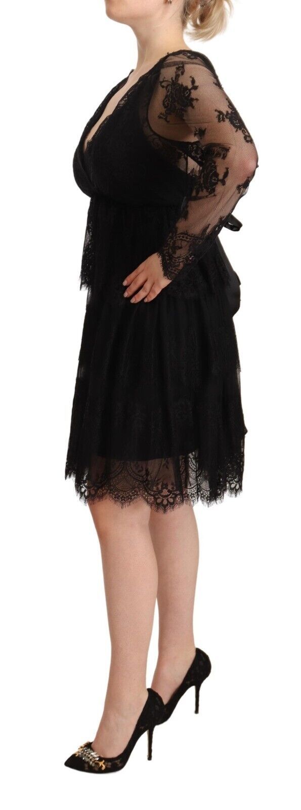Black Floral Lace Cotton Long Sleeves V-neck Shift Dress - ventzia