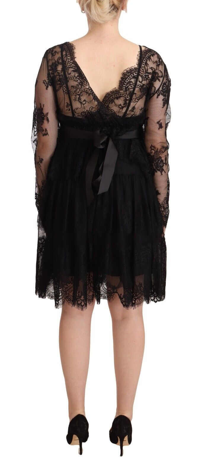 Black Floral Lace Cotton Long Sleeves V-neck Shift Dress - ventzia