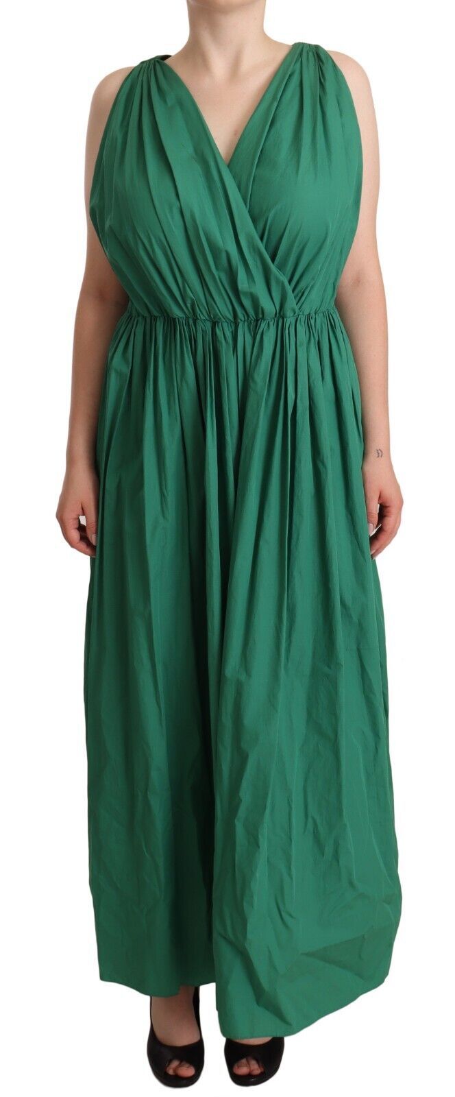 Green Cotton Sleeveless V-neck Dress - ventzia