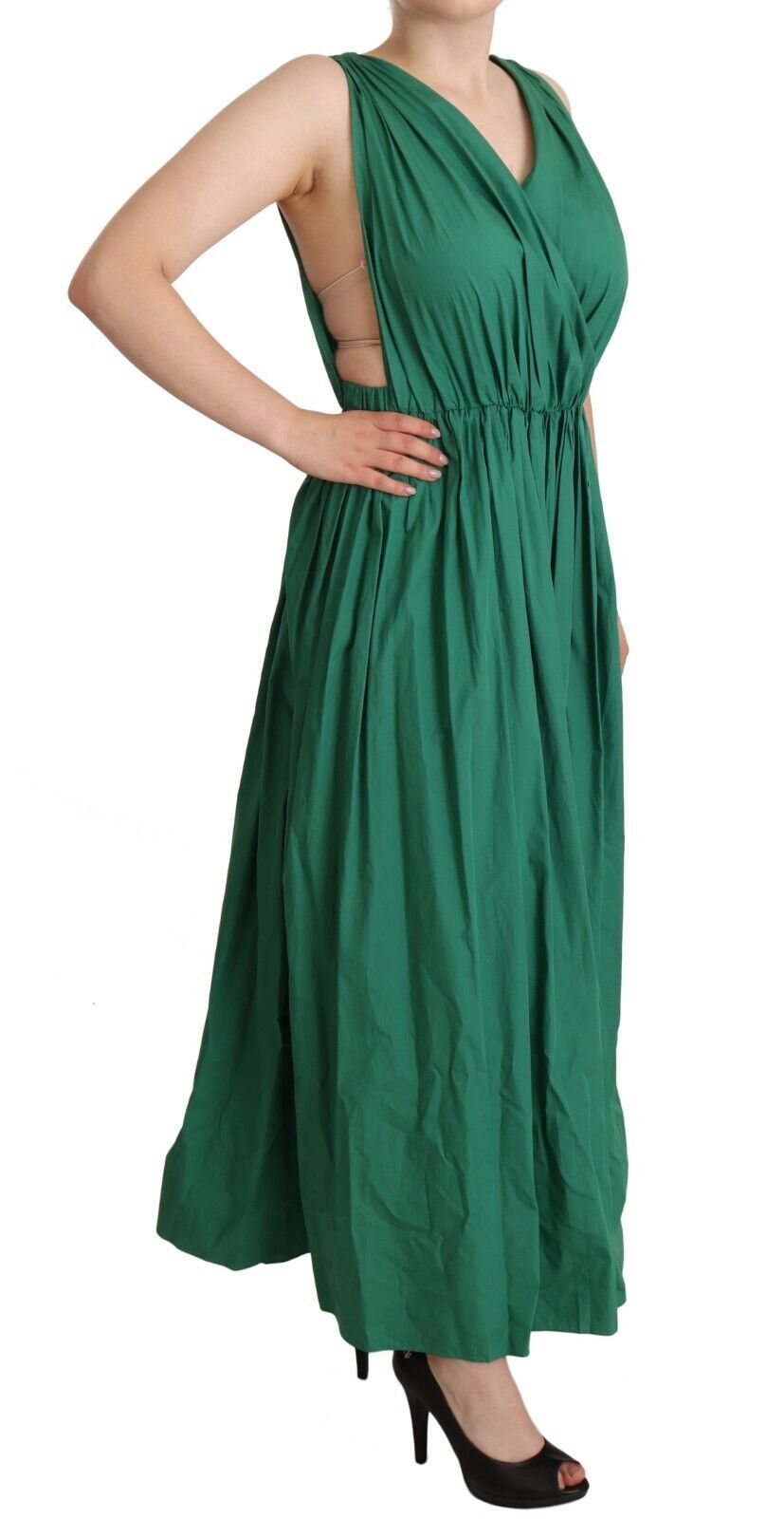 Green Cotton Sleeveless V-neck Dress - ventzia