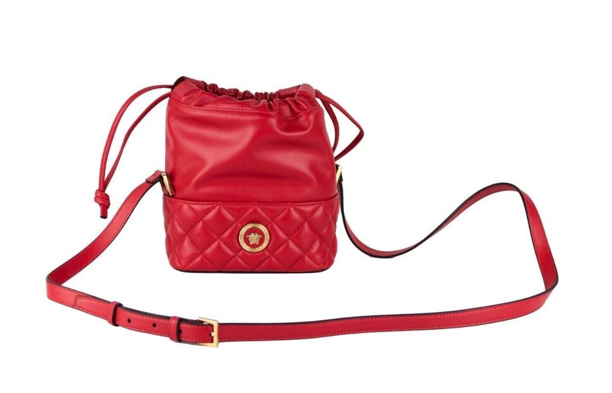 Red Quilted Leather Drawstring Shoulder Bag Bucket Crossbody Handbag - ventzia