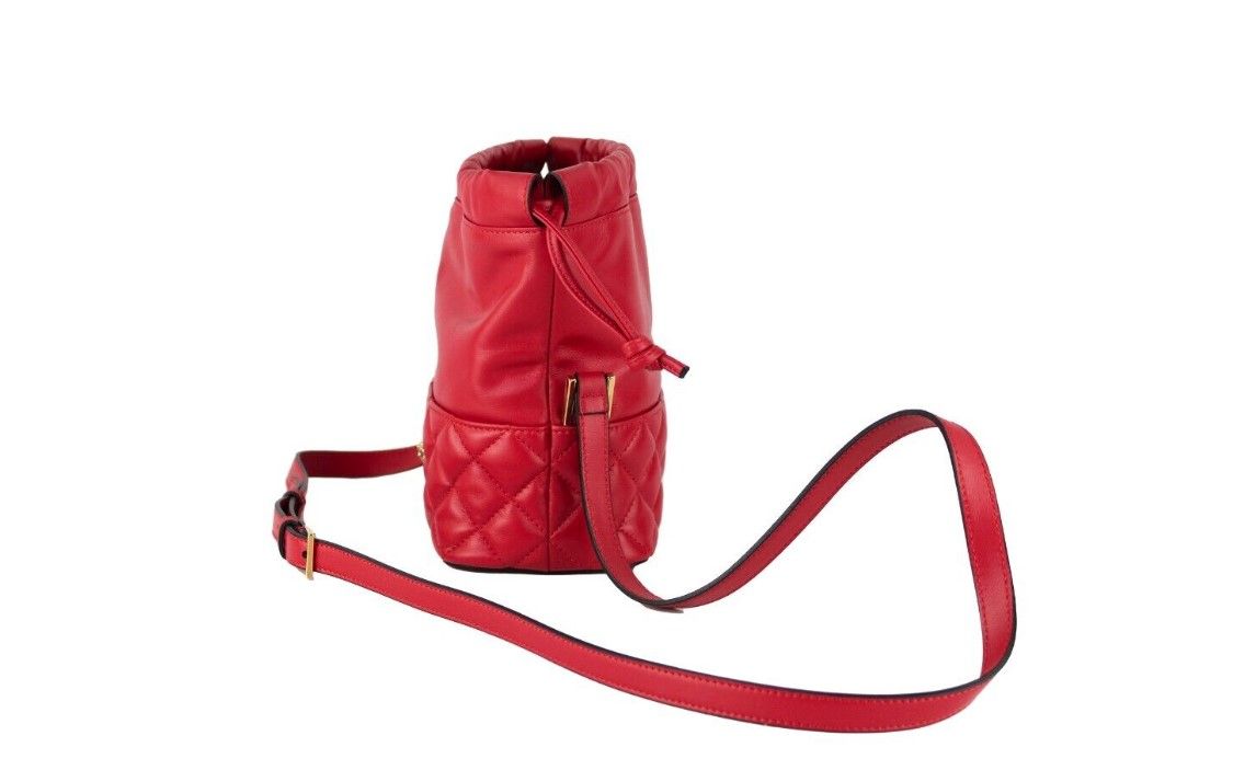 Red Quilted Leather Drawstring Shoulder Bag Bucket Crossbody Handbag - ventzia