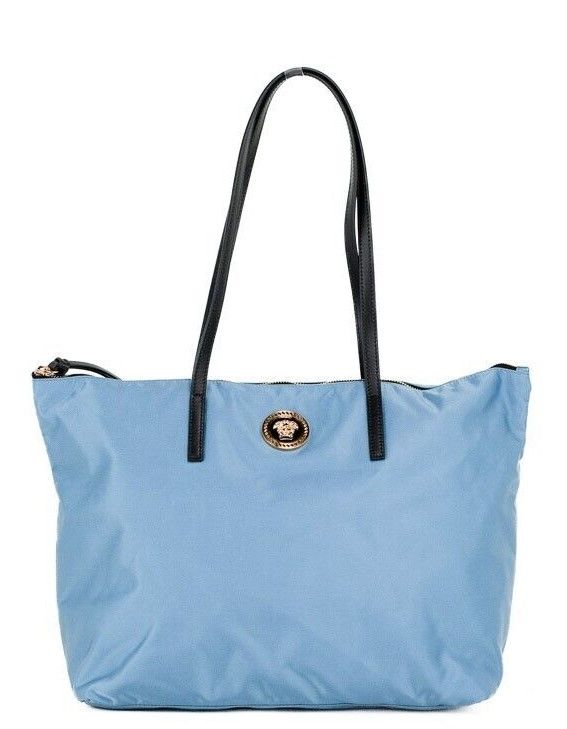 Portuna Medusa Medium Cornflower Blue Nylon Leather Tote Bag Purse - ventzia