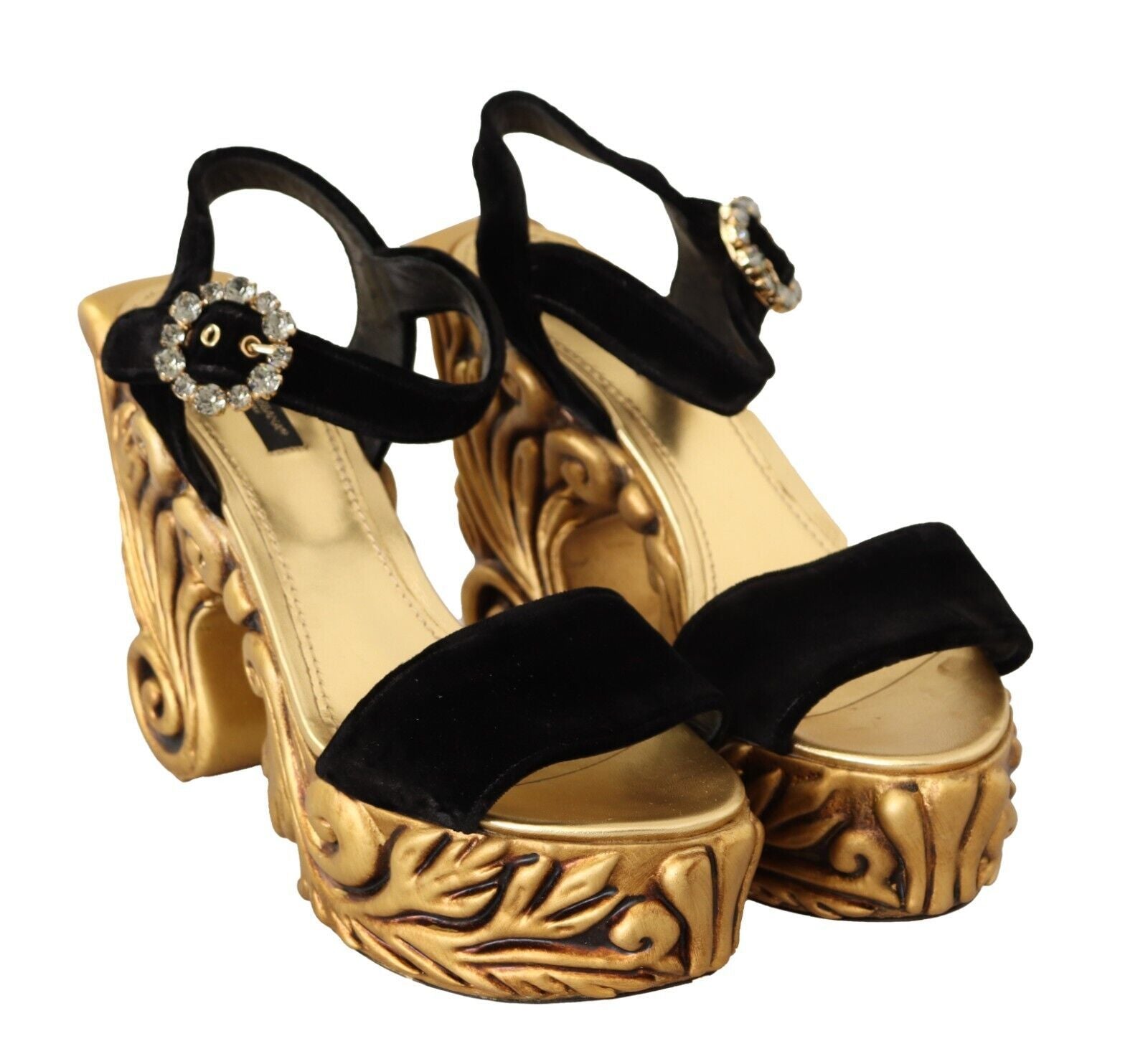 Black Gold Baroque Velvet Heels Crystal Shoes - ventzia