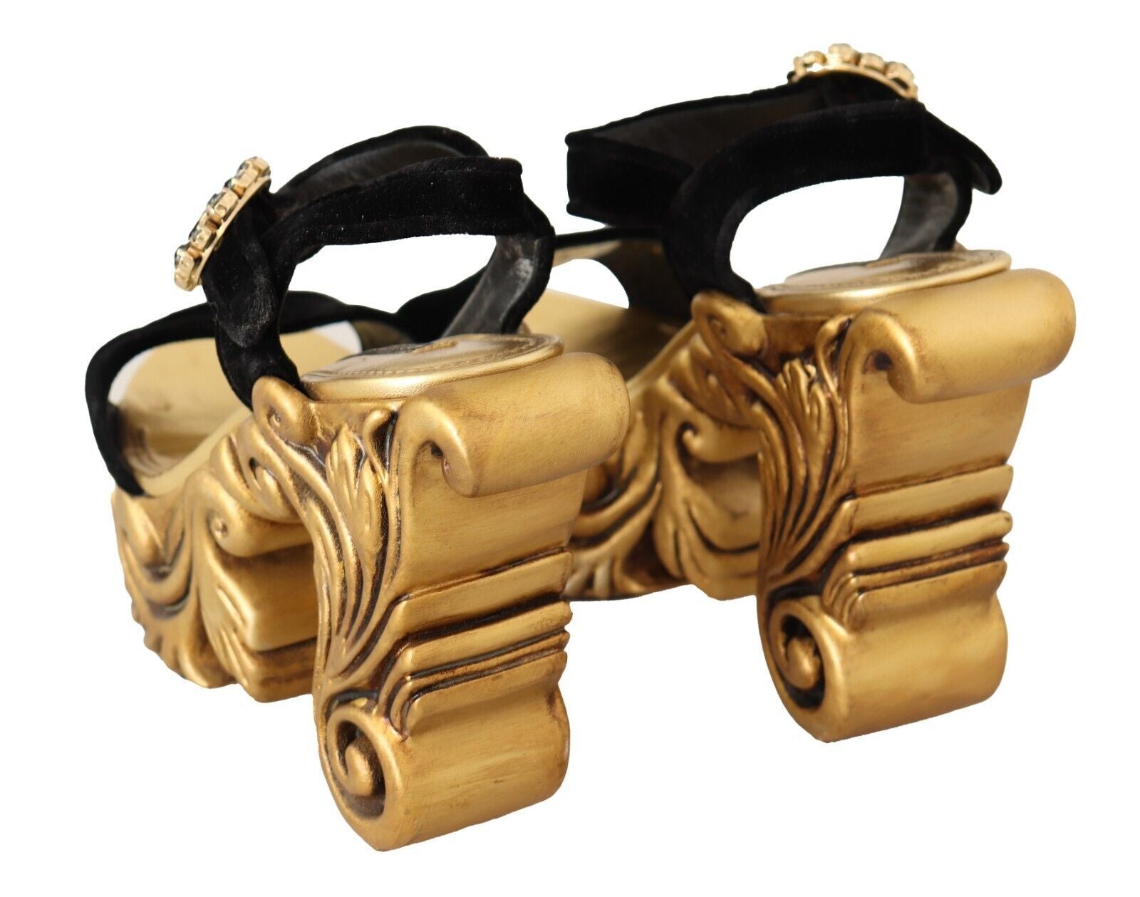 Black Gold Baroque Velvet Heels Crystal Shoes - ventzia