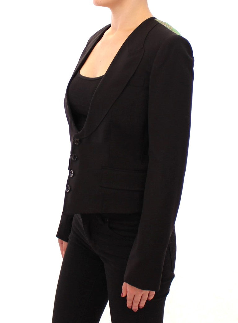 Elegant Silk-Blend Black Blazer with Scarf Back Detail - ventzia