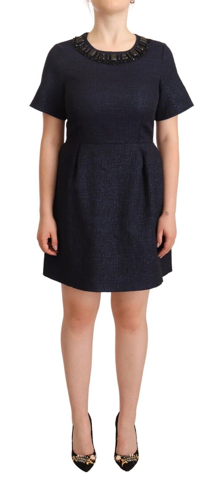 Black Embellished Short Sleeves Mini A-line Dress - ventzia