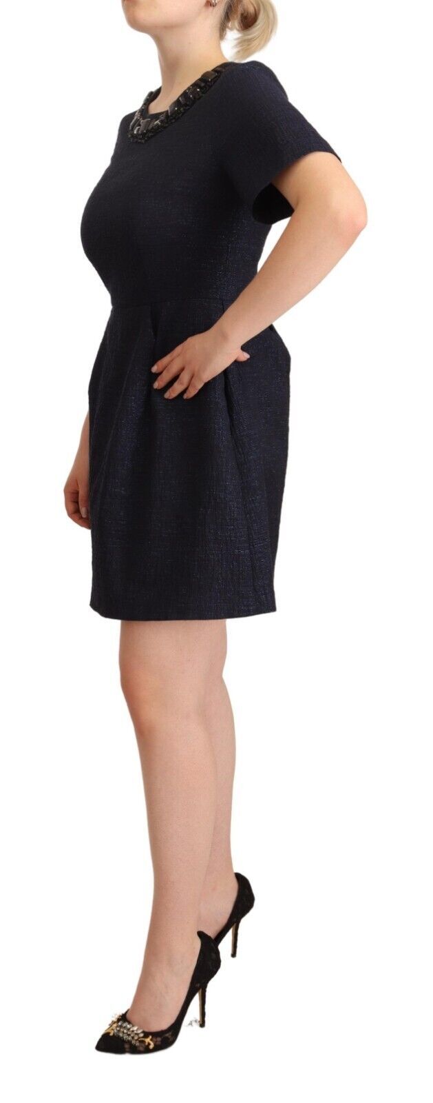 Black Embellished Short Sleeves Mini A-line Dress - ventzia
