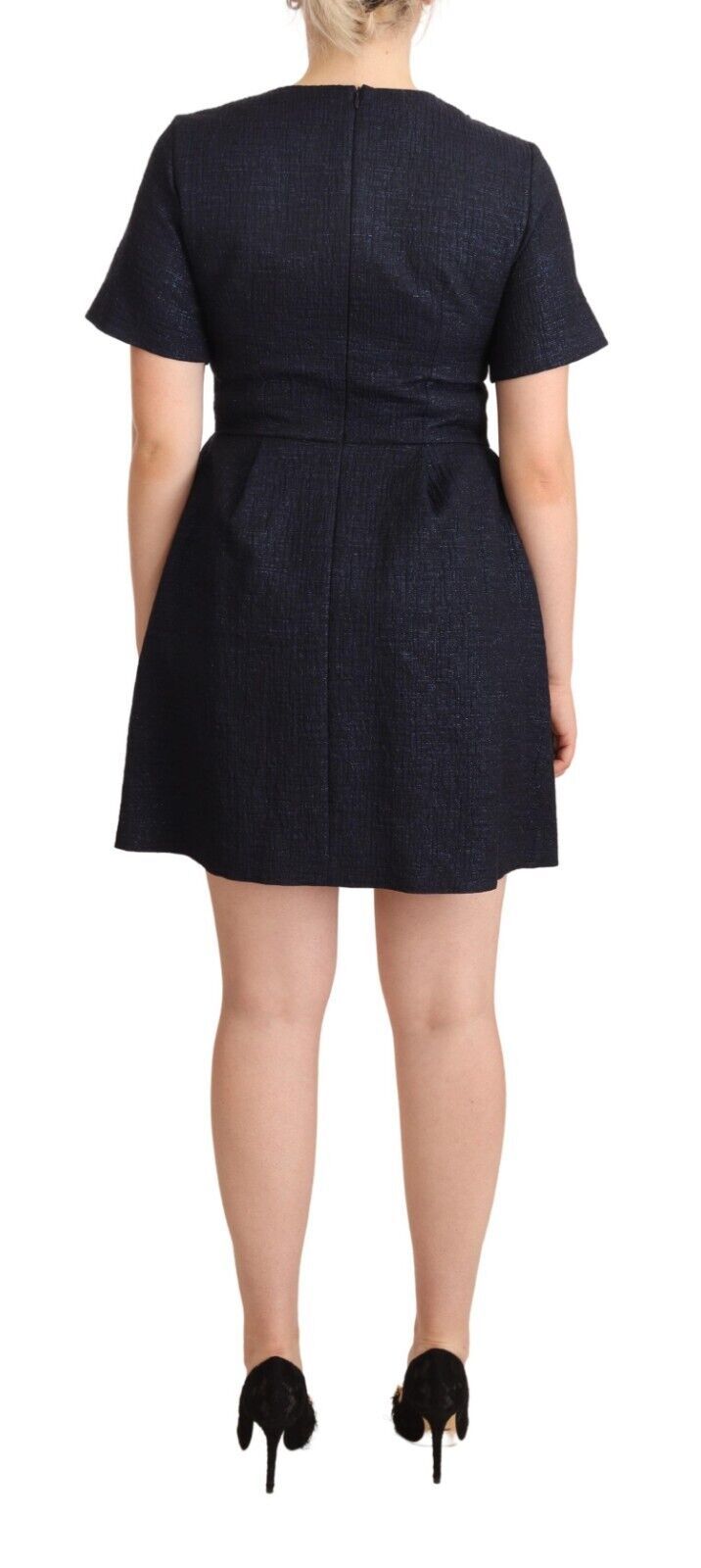 Black Embellished Short Sleeves Mini A-line Dress - ventzia