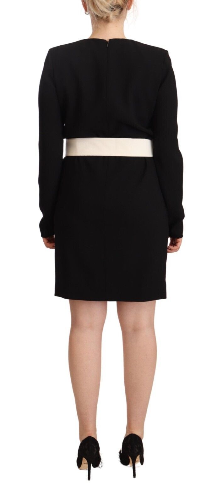 Black Wool Long Sleeves Belted Mini Sheath Dress - ventzia
