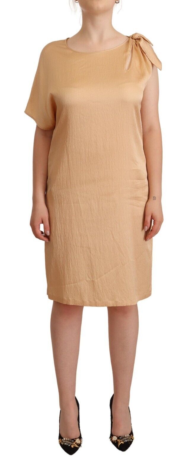 Beige One Sleeve Knee Length Shift Dress - ventzia
