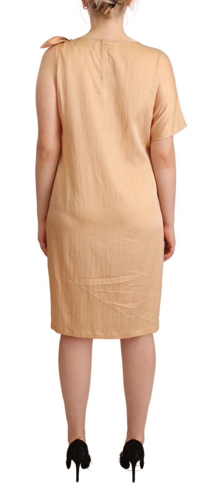 Beige One Sleeve Knee Length Shift Dress - ventzia