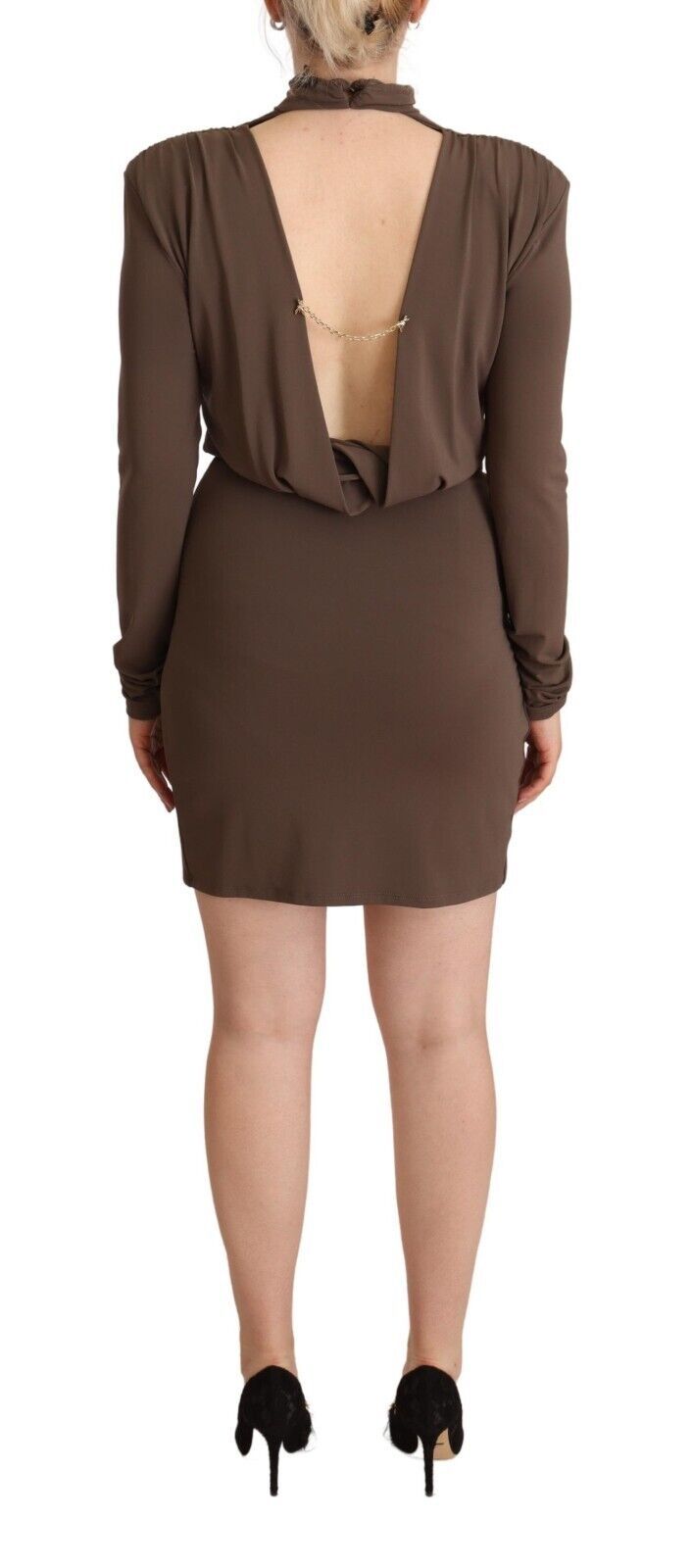 Brown Acetate Long Sleeves Turtle Neck Sheath Dress - ventzia