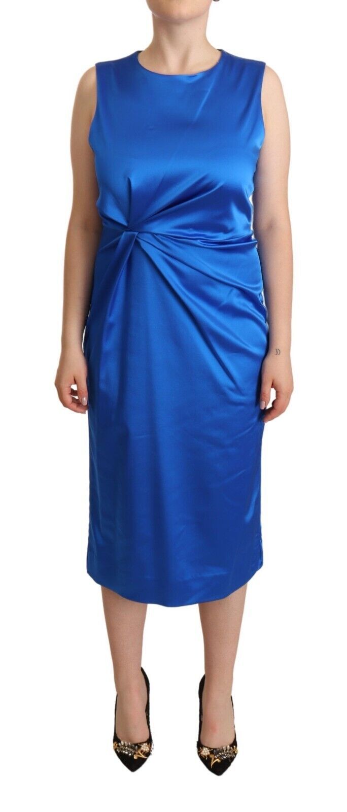 Blue Acetate Sleeveless Pleated Midi Sheath Dress - ventzia