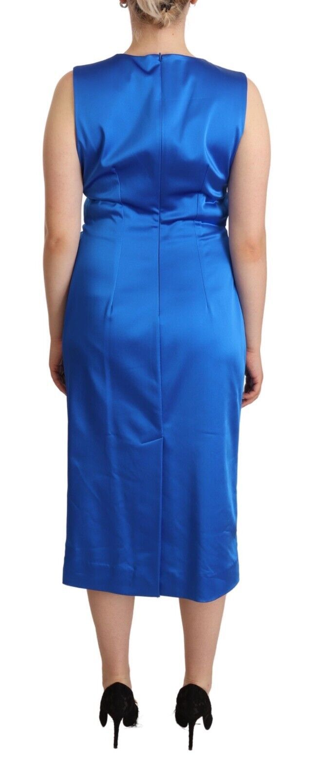 Blue Acetate Sleeveless Pleated Midi Sheath Dress - ventzia