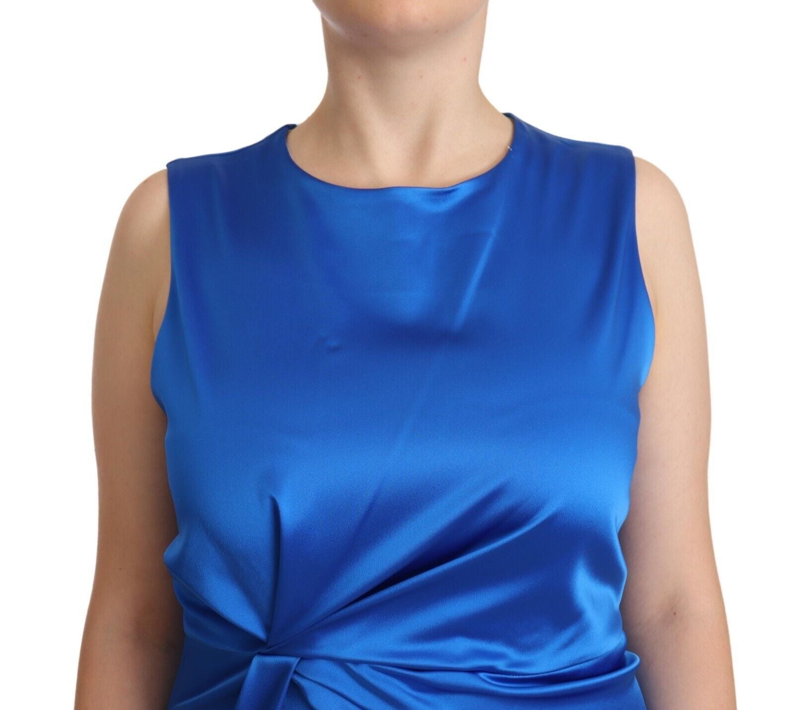 Blue Acetate Sleeveless Pleated Midi Sheath Dress - ventzia