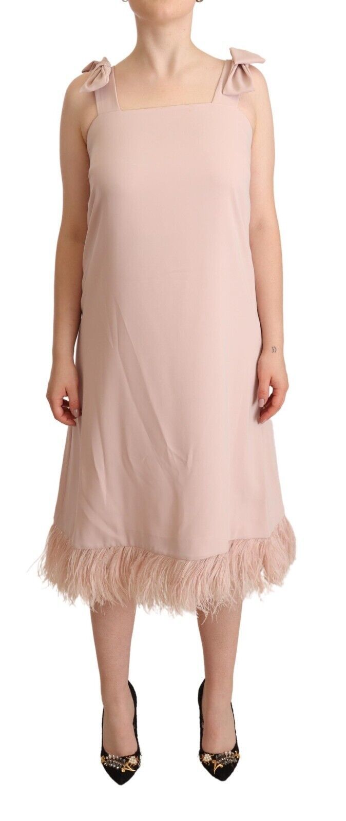 Pink Polyester Sleeveless Midi Feather Shift Dress - ventzia